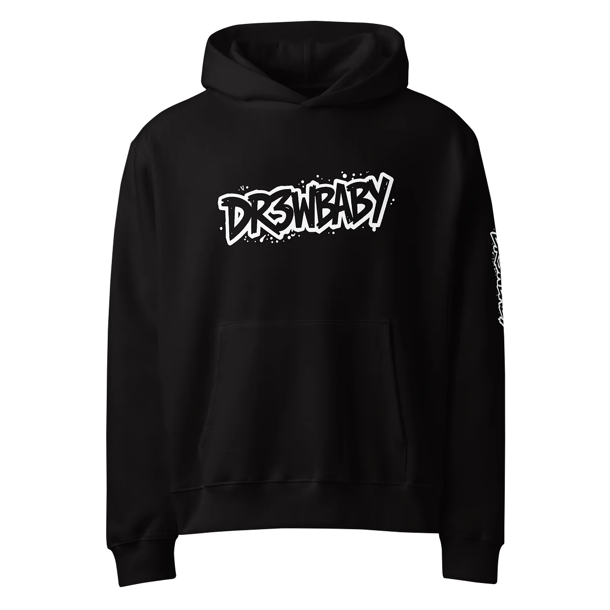 Dr3wBaby hoodie: black heavyweight fleece with the big white graffiti logo on the chest