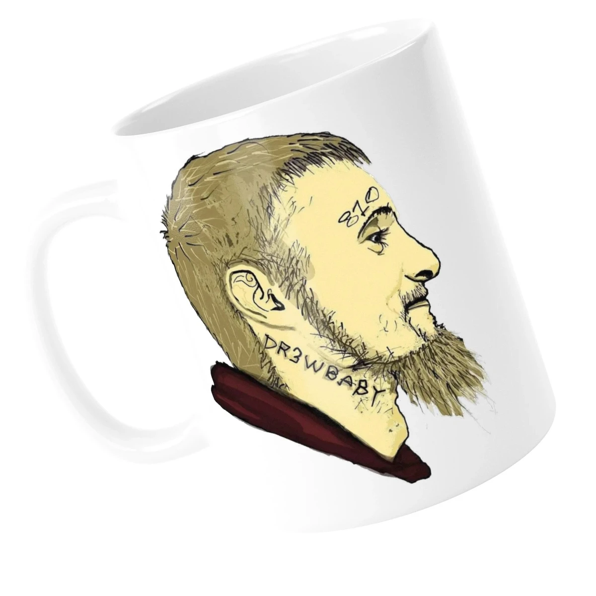 Dr3wBaby coffee mug: white glossy mug tilted at an angle with my cartoon face printed big on the front